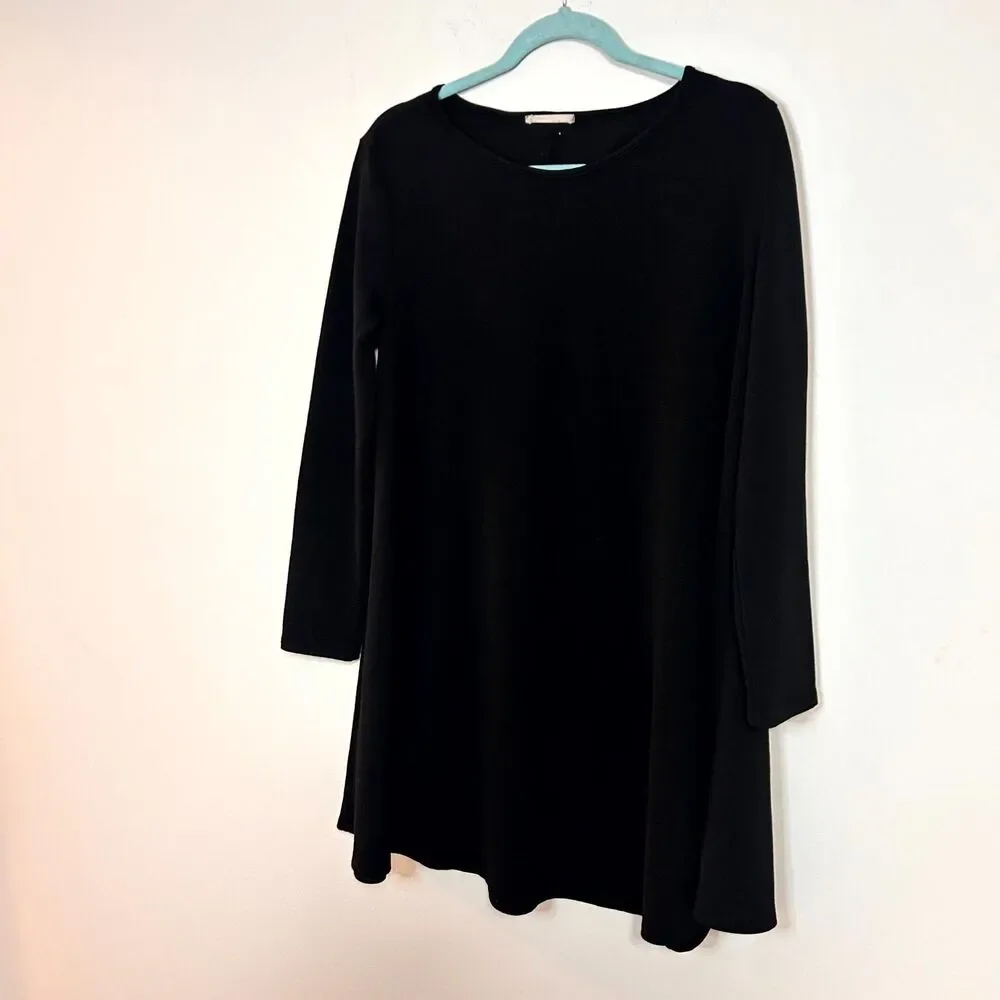 A.Gain Mini Dress Women Medium Black Elbow Patches Long Sleeve Modest Minimalist